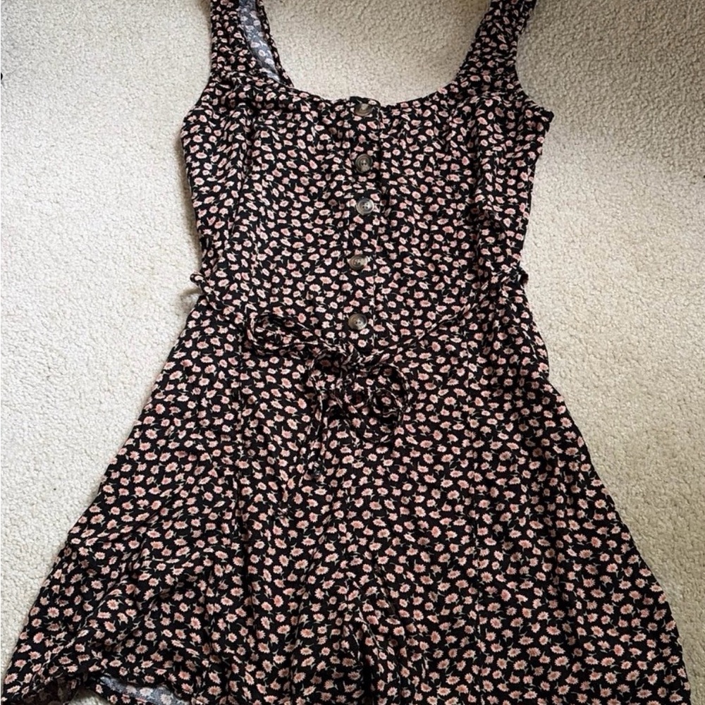 American Eagle Black Floral Romper with Tie Waist